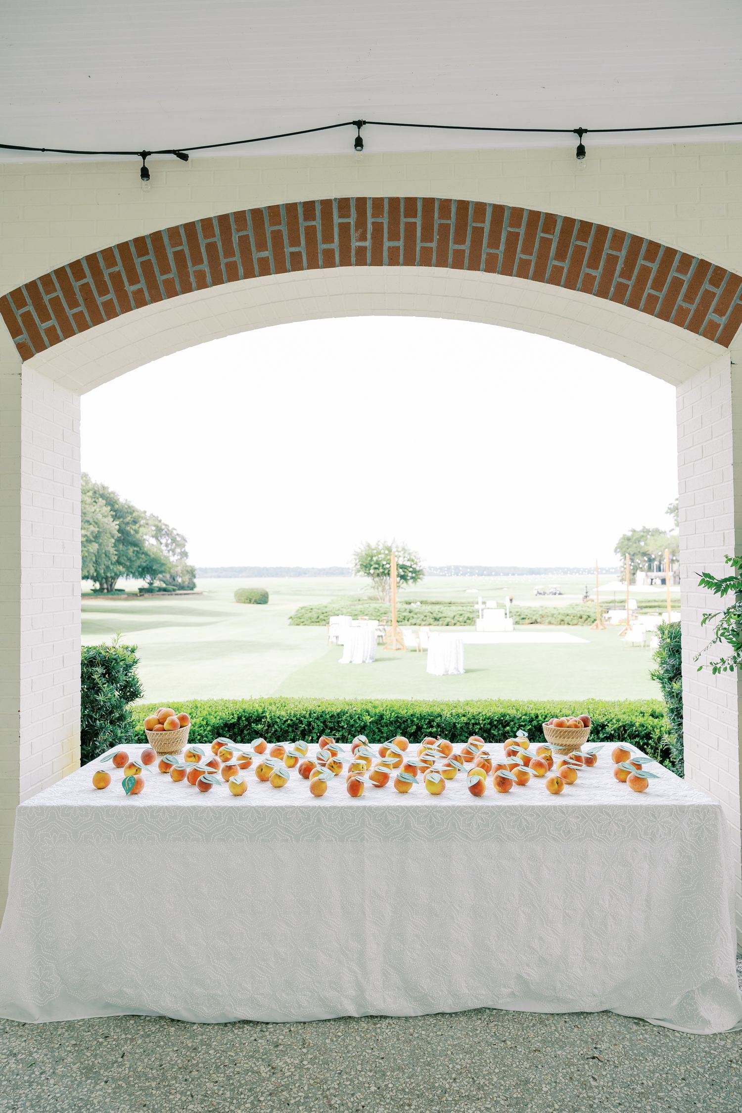 A wedding reception peach seating chart display arranged under an elegant brick archway overlooking the scenic landscape of Belfair.