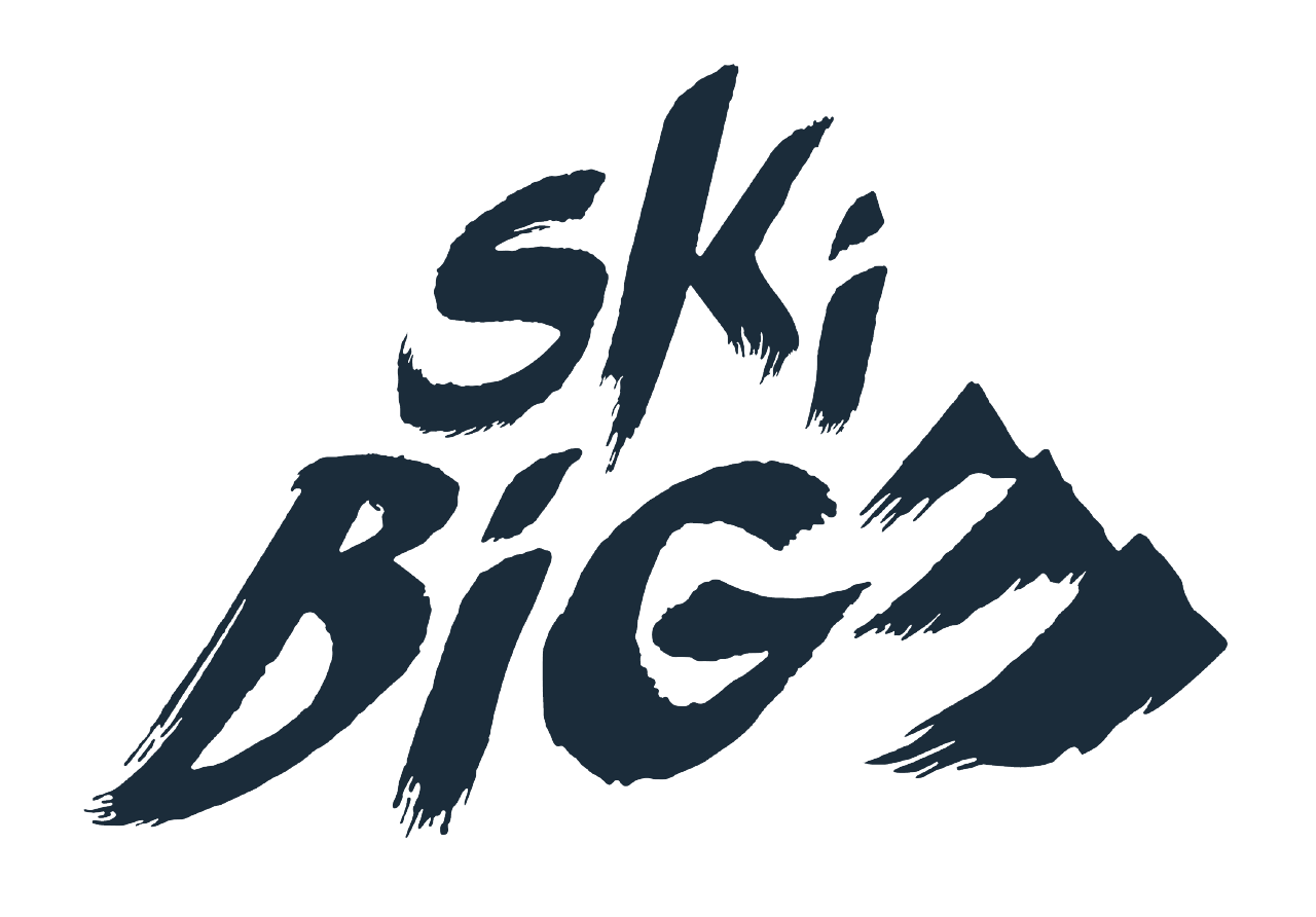 Navy blue mountain logo with text Ski Big in stylized lettering.