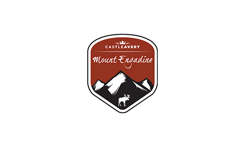 Minimalist Mount Engadine shield emblem with mountain peaks and moose.