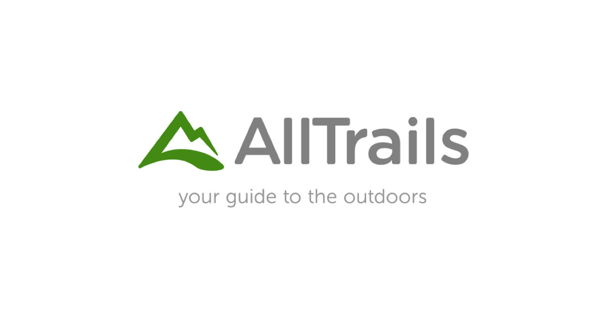 AllTrails logo in green and gray text with the tagline 'your guide to the outdoors' on a dark background.