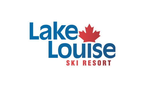 Lake Louise Ski Resort text logo in blue with red maple leaf.