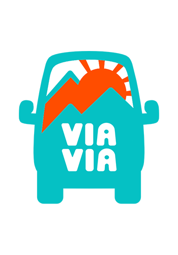 A stylized teal and orange car logo with mountains and sun design featuring the text 'VIA VIA'.
