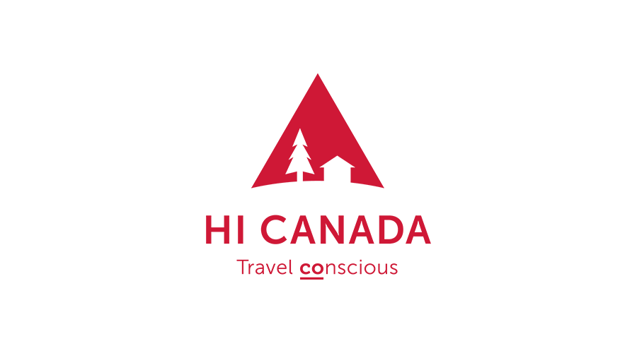 Hi Canada travel solutions logo in red against black background.