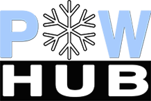 Minimalist blue and white powdered ski hub logo design.