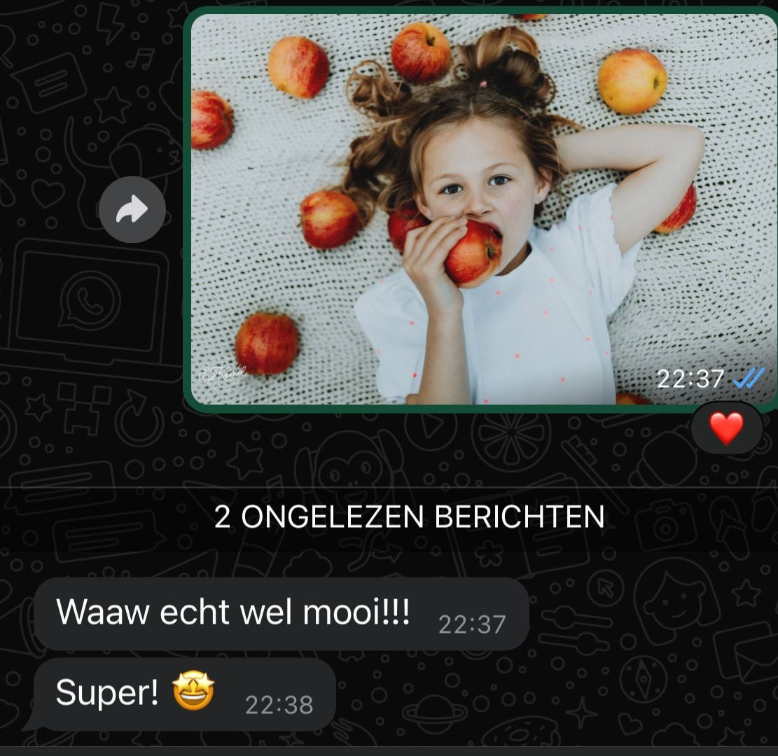 spontane whatsapp reactie van een tevreden klant na het zien van de resultaten van de fotoshoot