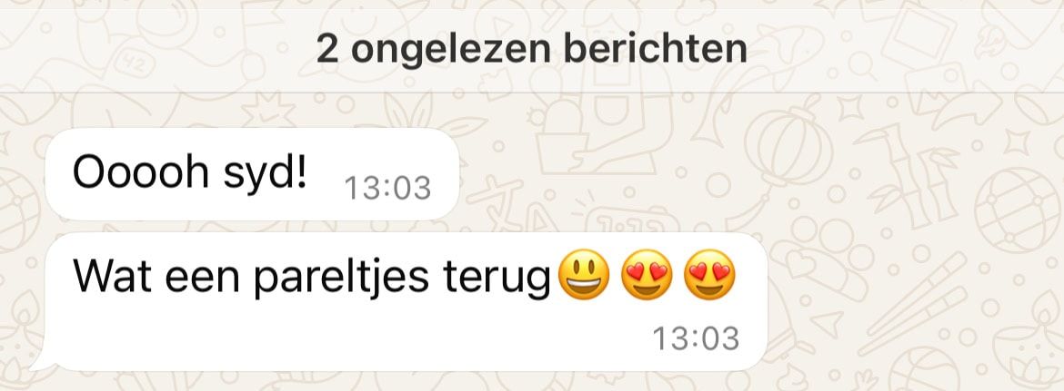spontane whatsapp reactie van een tevreden klant na het zien van de resultaten van de fotoshoot