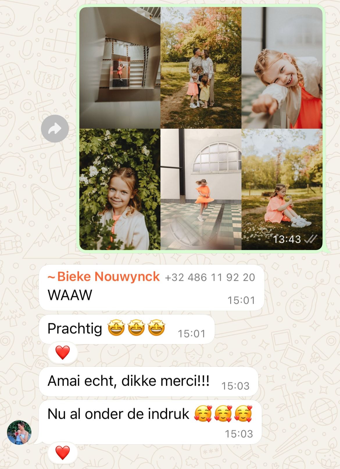 spontane whatsapp reactie van een tevreden klant na het zien van de resultaten van de fotoshoot