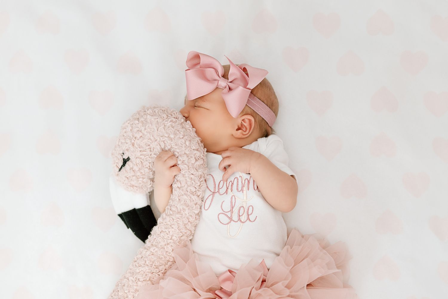 Baby in pink tulle dress sleeping with plush toy on soft pink background.