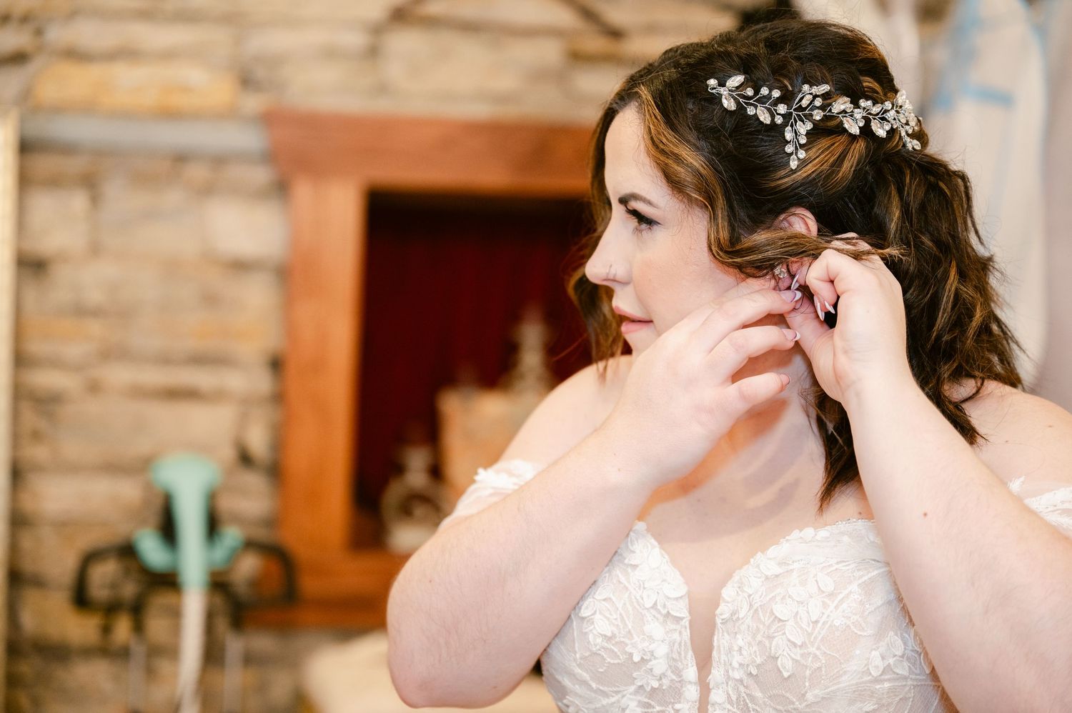 Wedding party getting ready with lace and embellished details.