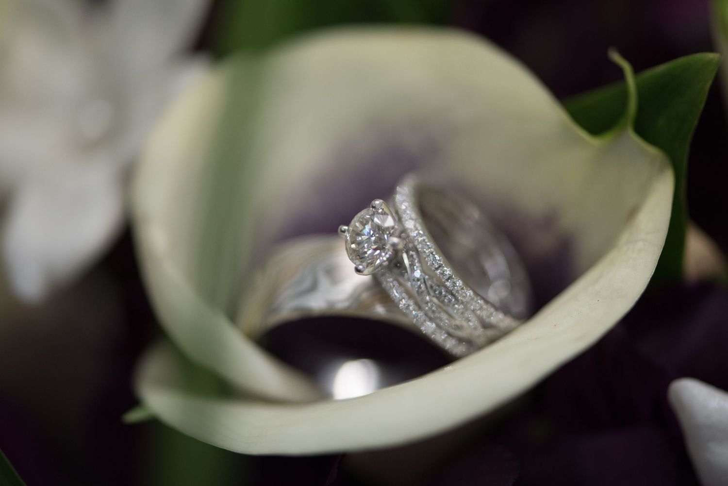 Diamond engagement ring nestled in white calla lily petals with soft bokeh background. Andover wedding at Magestic Oaks Golf Club