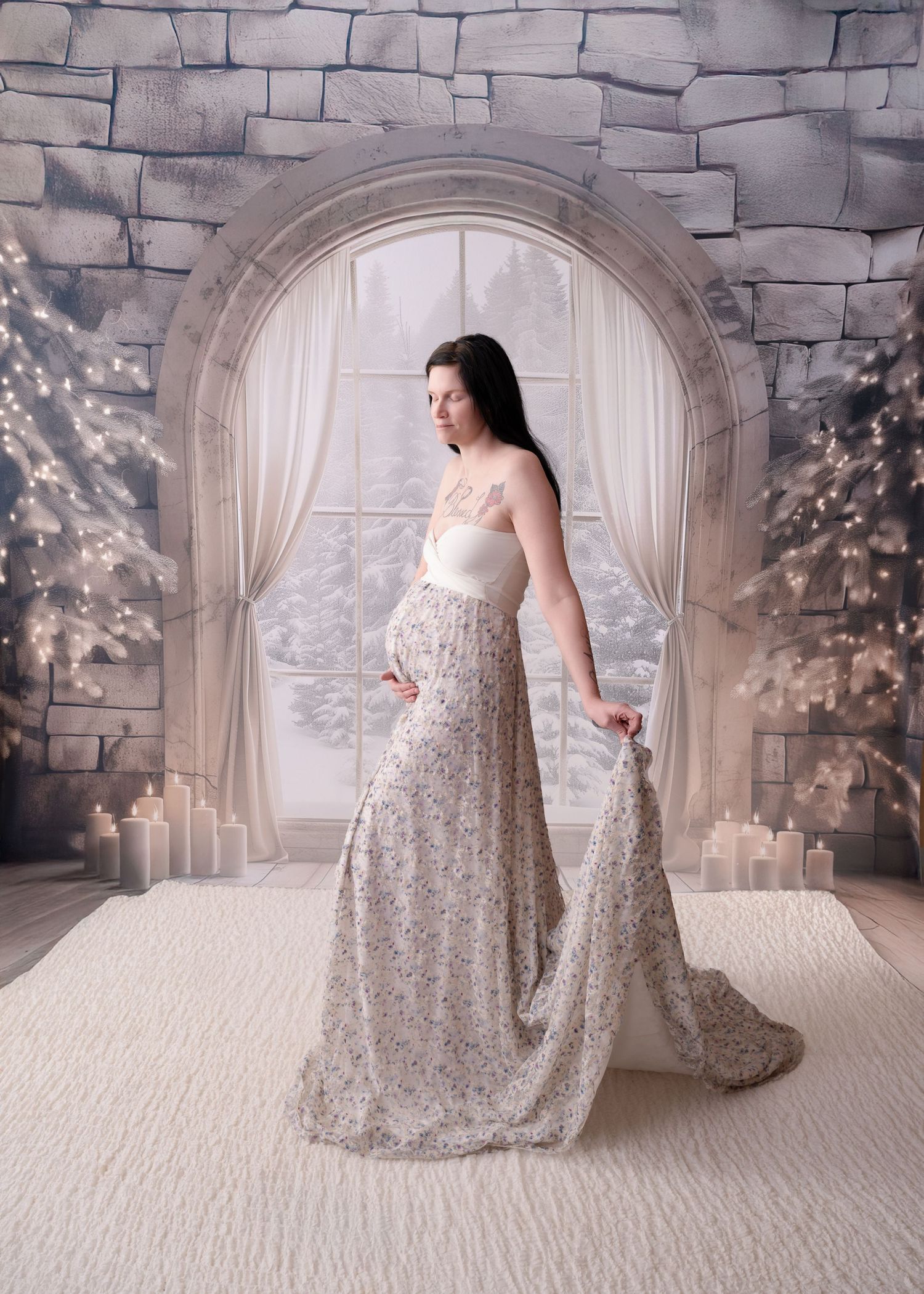 Expectant mother in sparkly gown poses in stone archway with fairy lights and candles.