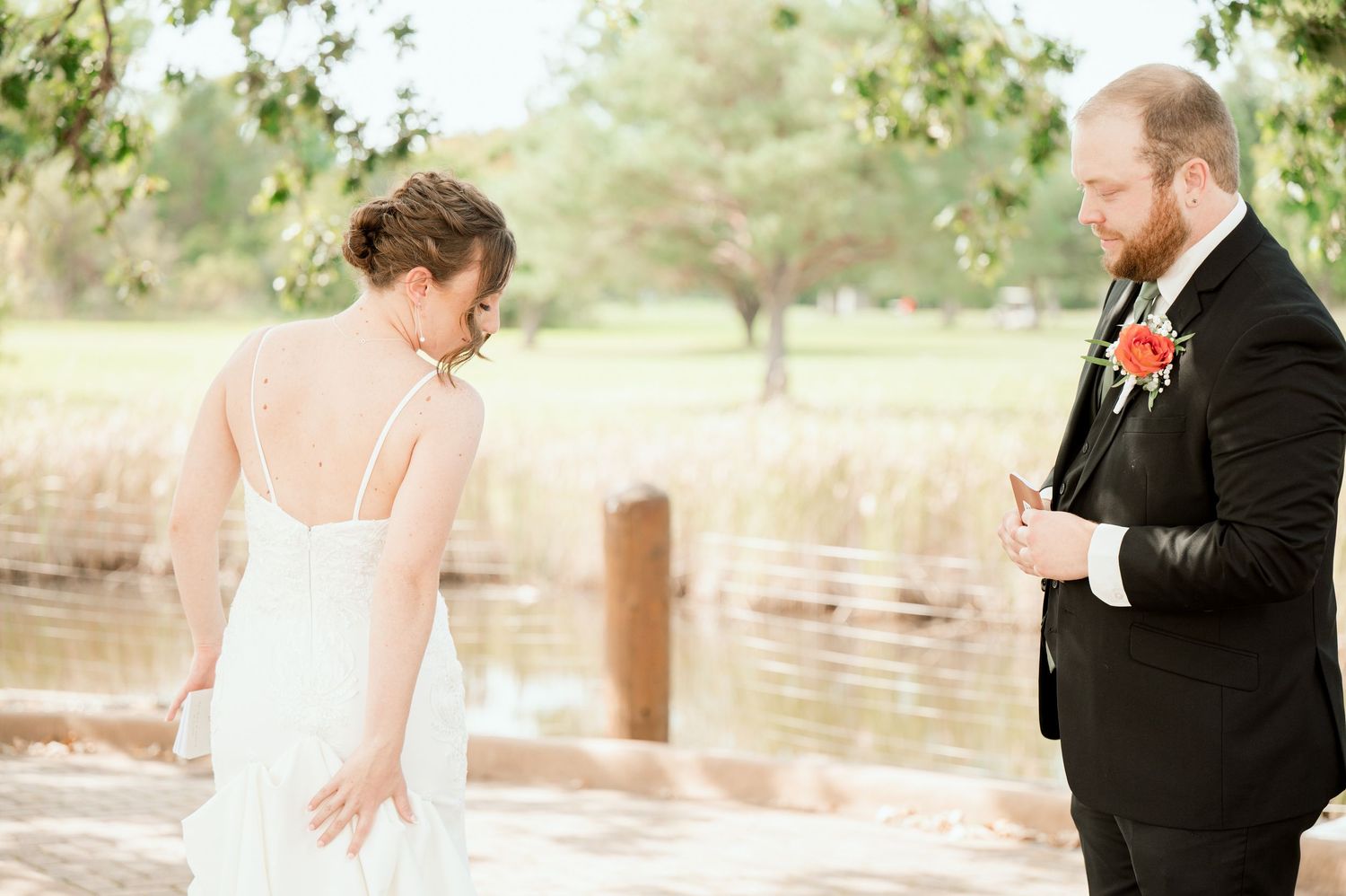 Five candid moments from a wedding celebration captured in outdoor garden setting with romantic lighting and natural poses.