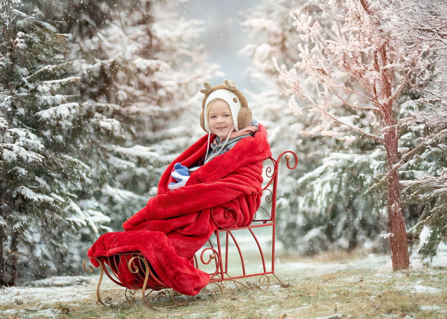 A flowing red dress in a winter forest creates a dramatic contrast against snow-covered evergreen trees.