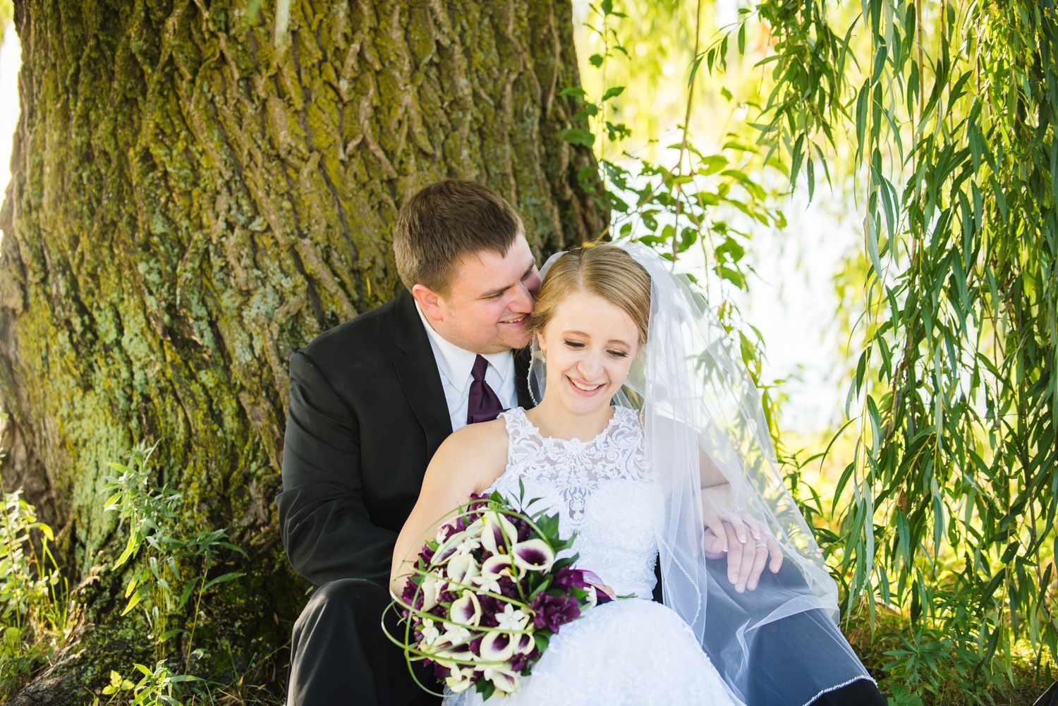 Intimate wedding portrait of couple seated beneath large tree with cascading branches. Andover wedding at Magestic Oaks Golf Club