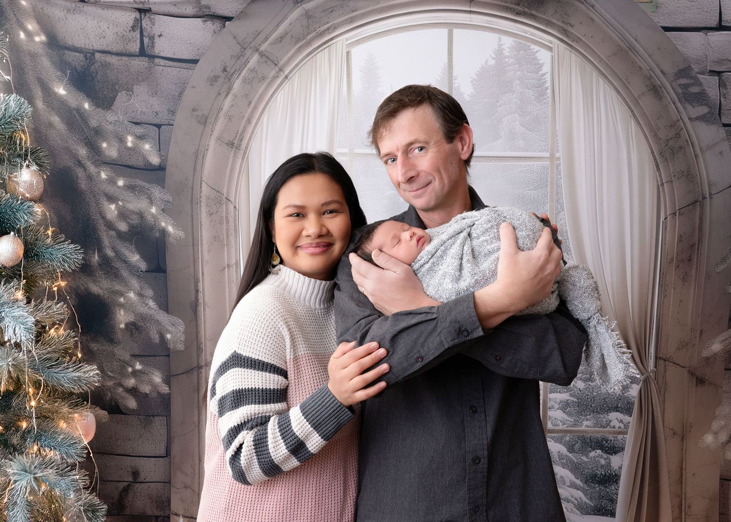 A sequence of cozy hugging moments captured in front of a decorated Christmas tree and stone wall background.