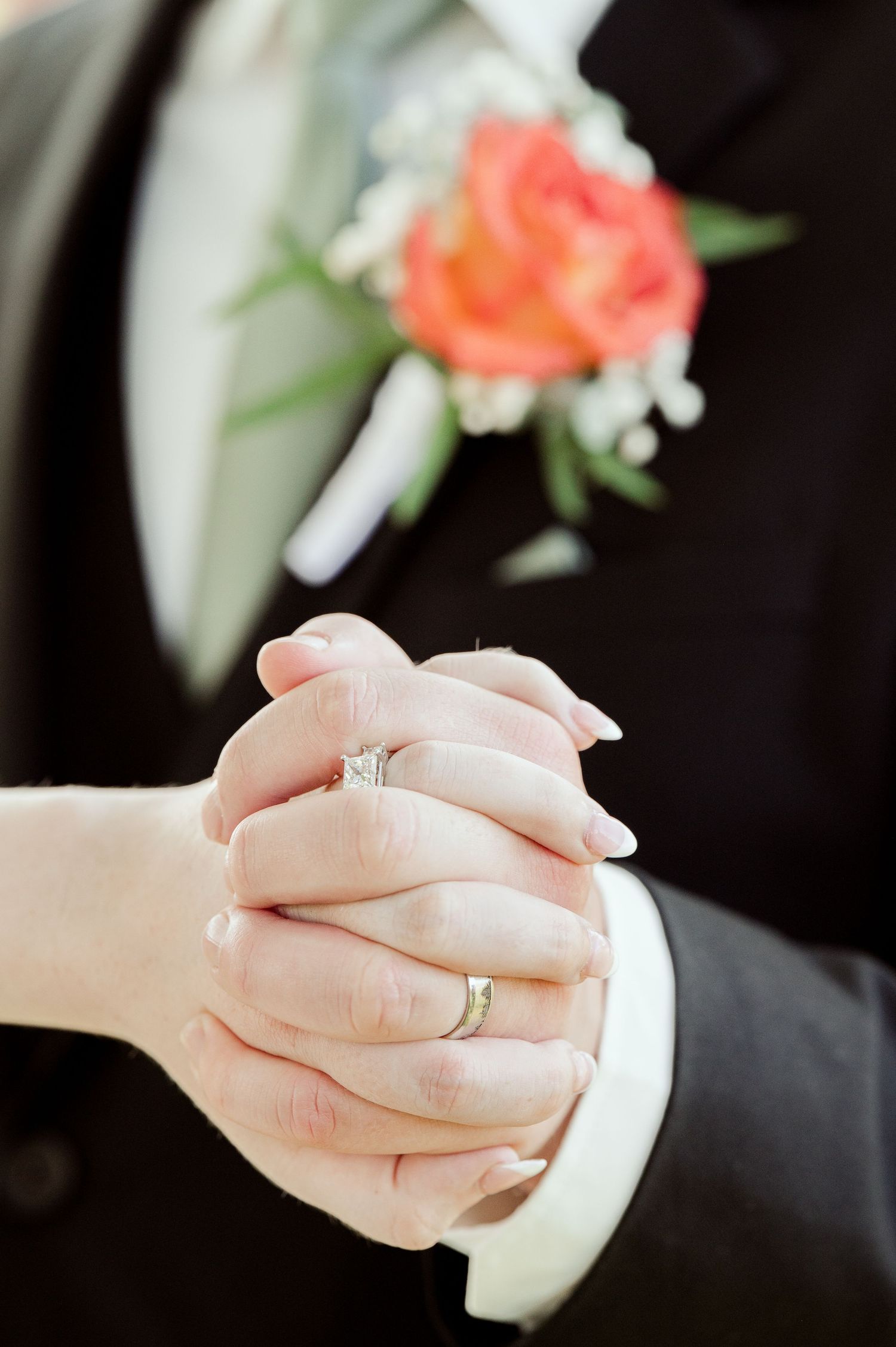 affordable st cloud area wedding photographer minnesota prices Close-up of clasped hands showing wedding rings and a coral rose boutonniere.