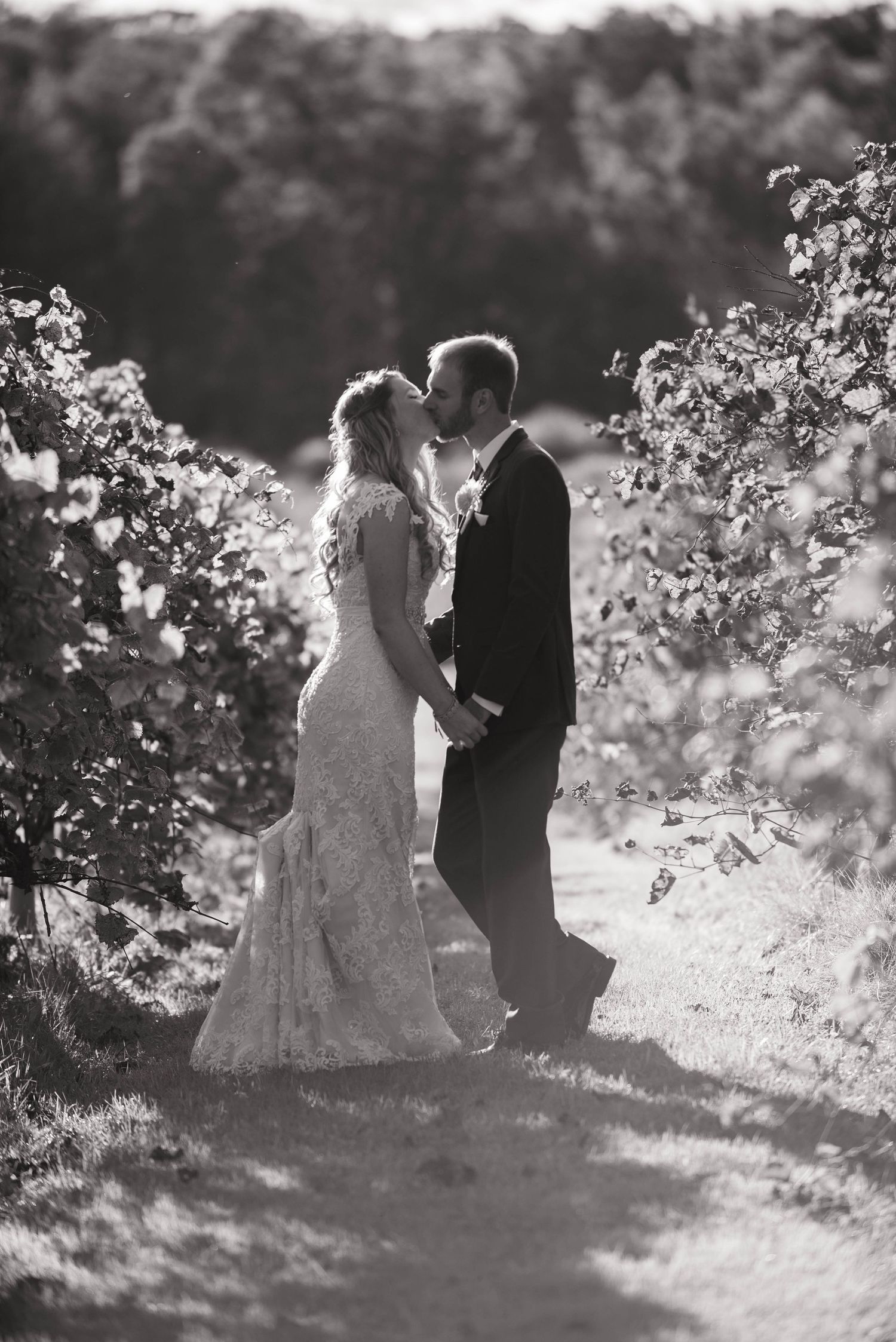 A black and white photo captures a romantic moment between newlyweds in natural sunlight. Rum River Barn Milaca Minnesota Weddings