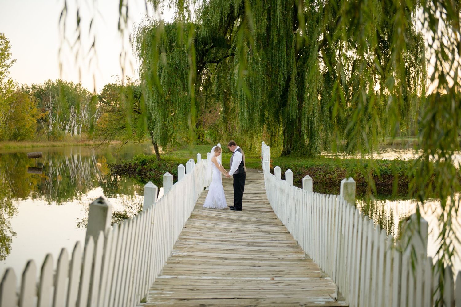 White picket fence walkway lined with flowing willow trees leads to a gazebo in a peaceful garden setting. Andover wedding at Magestic Oaks