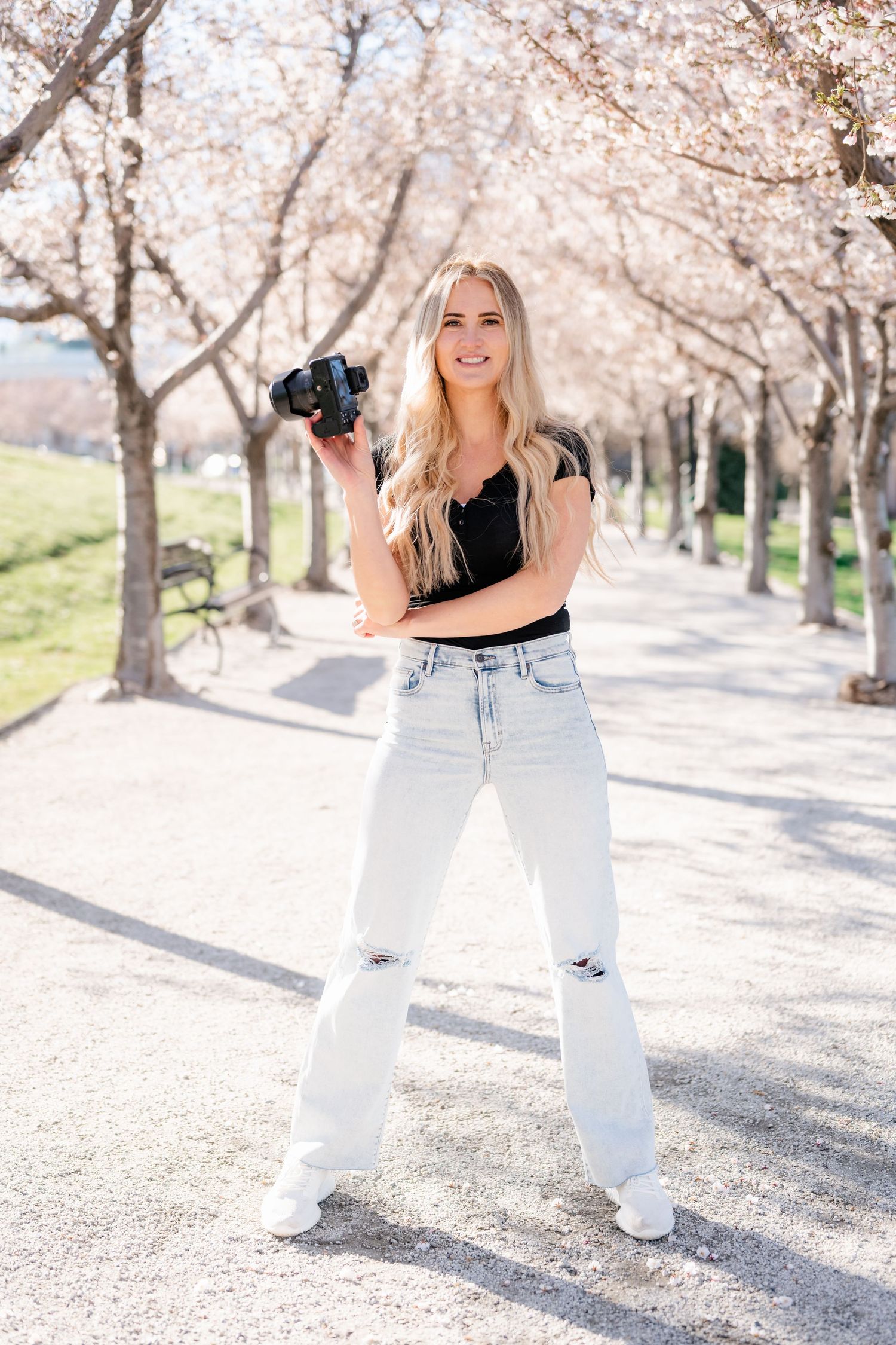 Professional photographer with camera poses on path lined with blooming cherry blossom trees in spring.