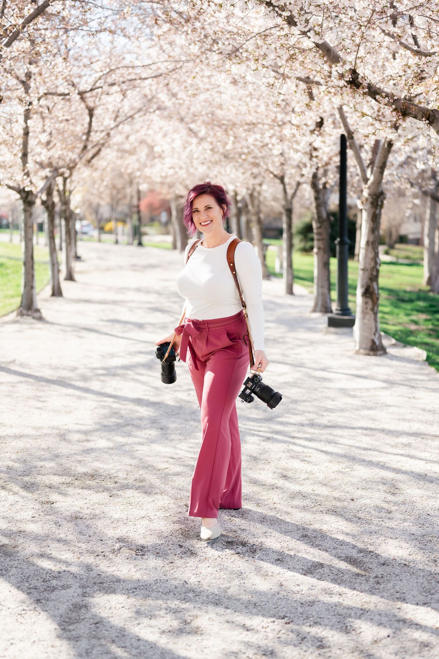 Photographer stands with cameras under blooming cherry blossom trees along a path on a bright spring day.