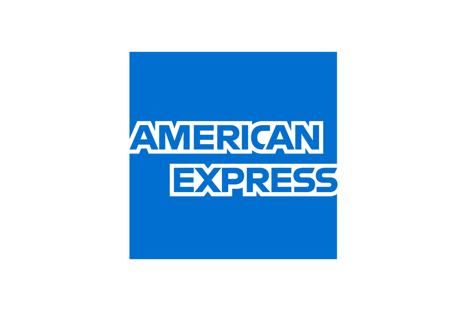The American Express logo features white text on their signature bright blue square background.