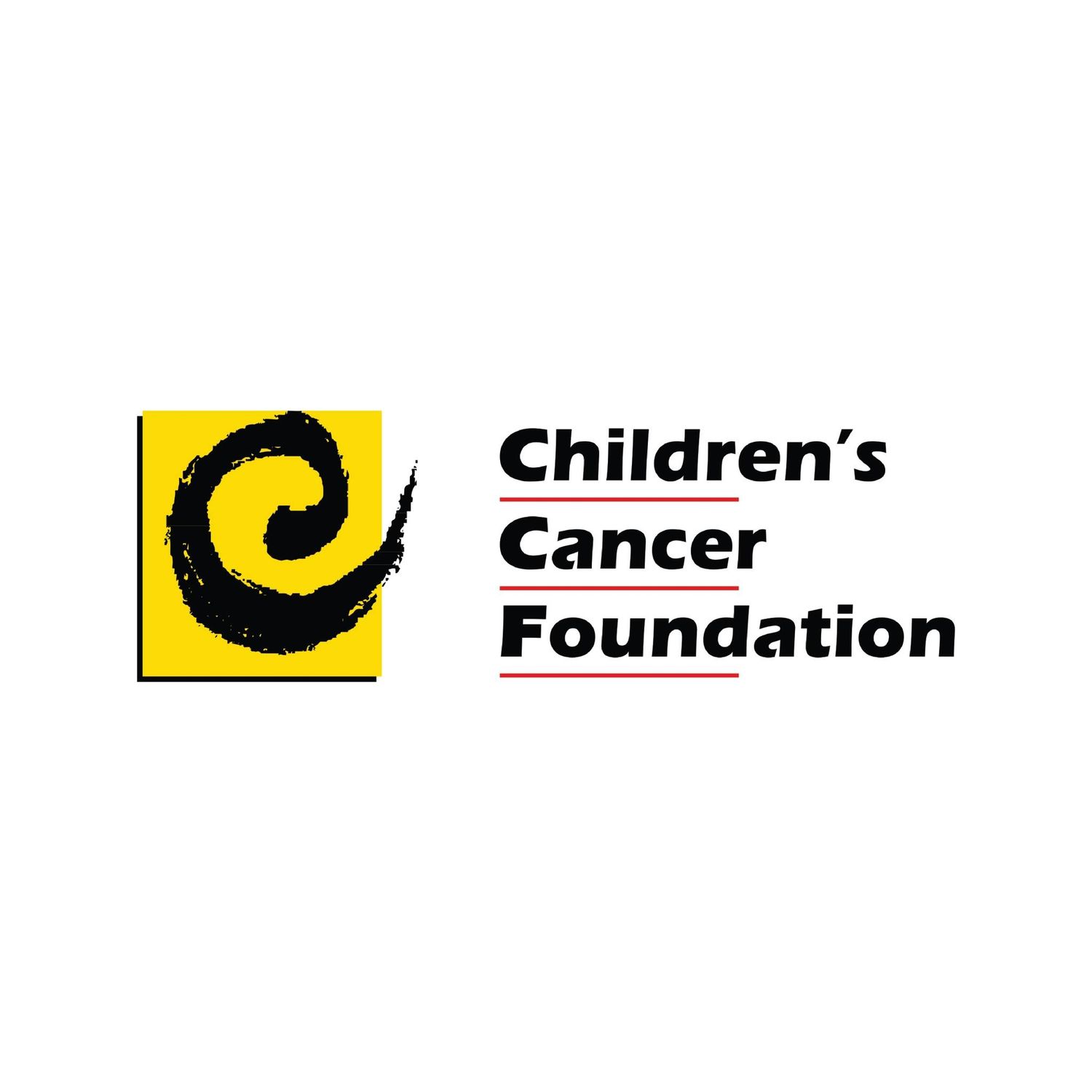 Logo for Children's Cancer Foundation featuring a black spiral symbol on yellow square with black text.