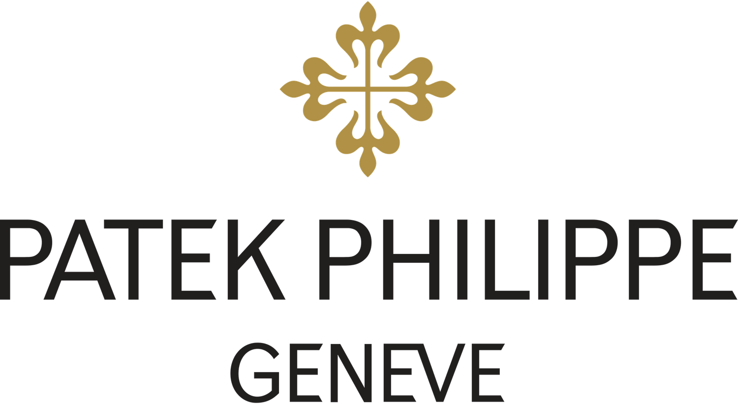 Gold decorative cross symbol and text logo for luxury watch brand Patek Philippe Geneve in black lettering.