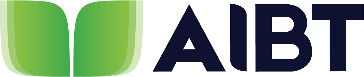 A navy blue and green AIBT logo with a divided leaf icon design.