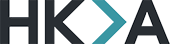 A geometric logo design featuring the letters HKA in a modern style with a blue arrow symbol.