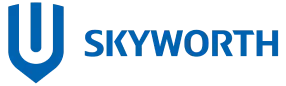 White and blue Skyworth company logo design with text and geometric elements.
