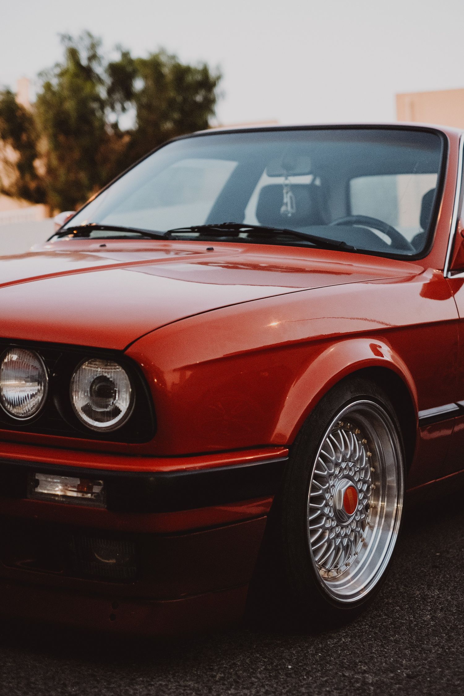 Close up of a red retro BMW car on Fuerteventura
