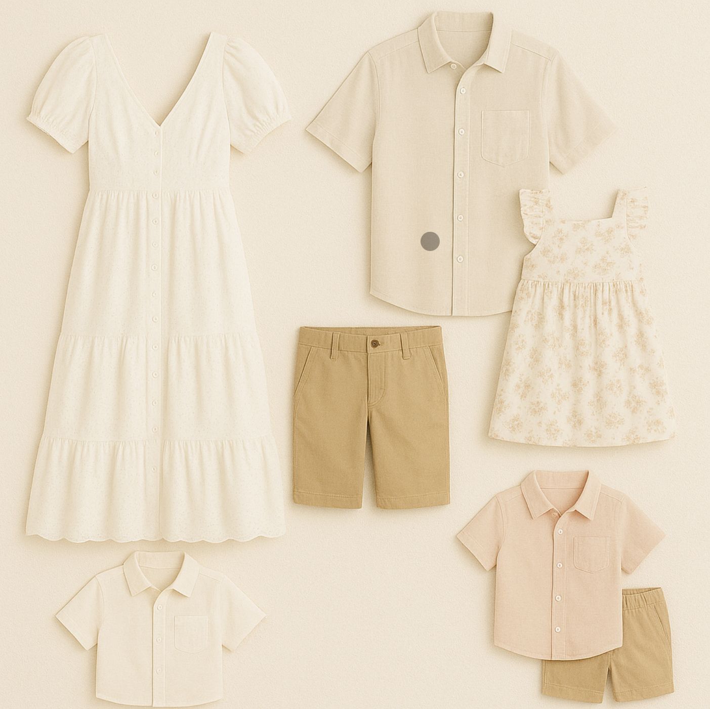 Coordinated family summer outfit collection in neutral white and beige featuring dresses, shorts and button-down shirts.