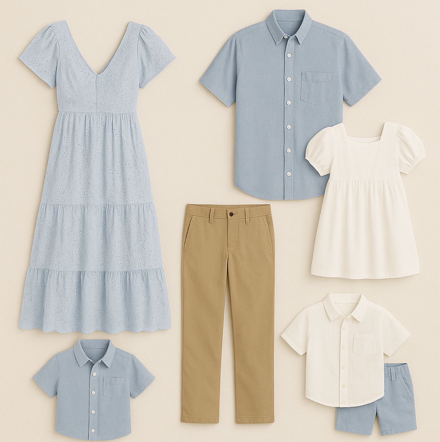 A coordinated family outfit set featuring light blue and white clothing with khaki pants for a casual summer look.