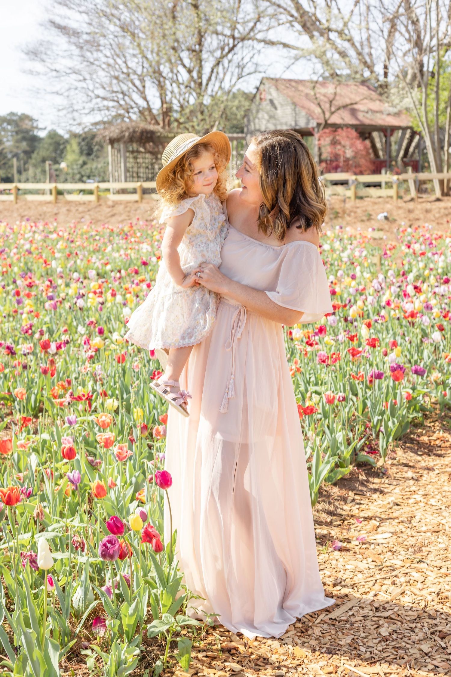 Mother and daughter share a tender moment in a beautiful tulip field blooming with pink and red flowers.