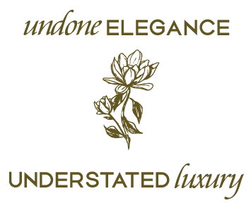 Elegant brown and gold text designs featuring the words 'Undone Elegance' and 'Understated Luxury' with floral accents.