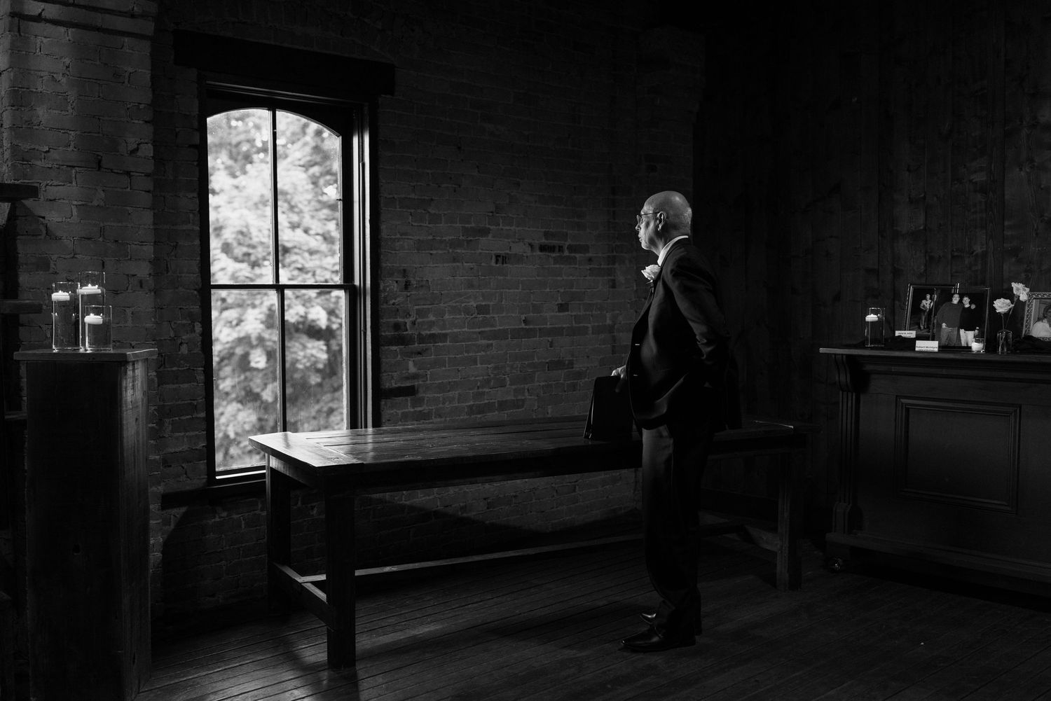 A dramatic black and white photo sequence shows a dark room with windows casting light onto the floor.
