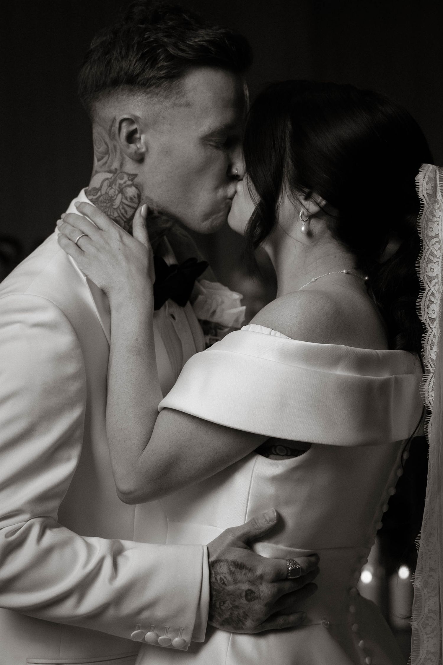 bride and groom share kiss at Primrose Hill farm Wedding- Photo by Primrose Hill Farm Wedding Photographer, Olivia J Morgan Photography