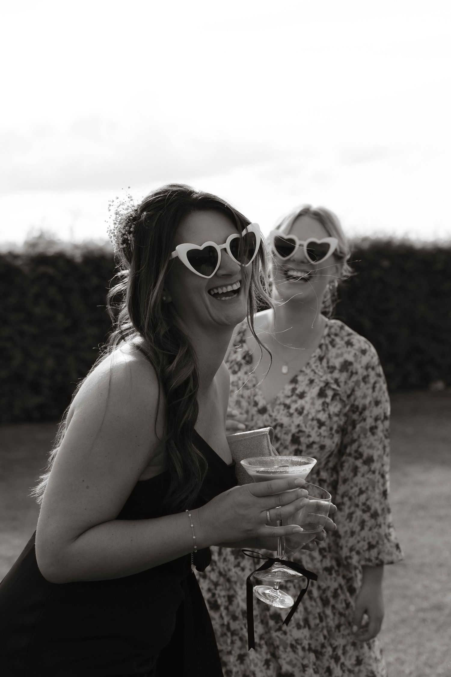 guests with sunglasses laugh at Primrose Hill farm Wedding- Photo by Primrose Hill Farm Wedding Photographer, Olivia J Morgan Photography