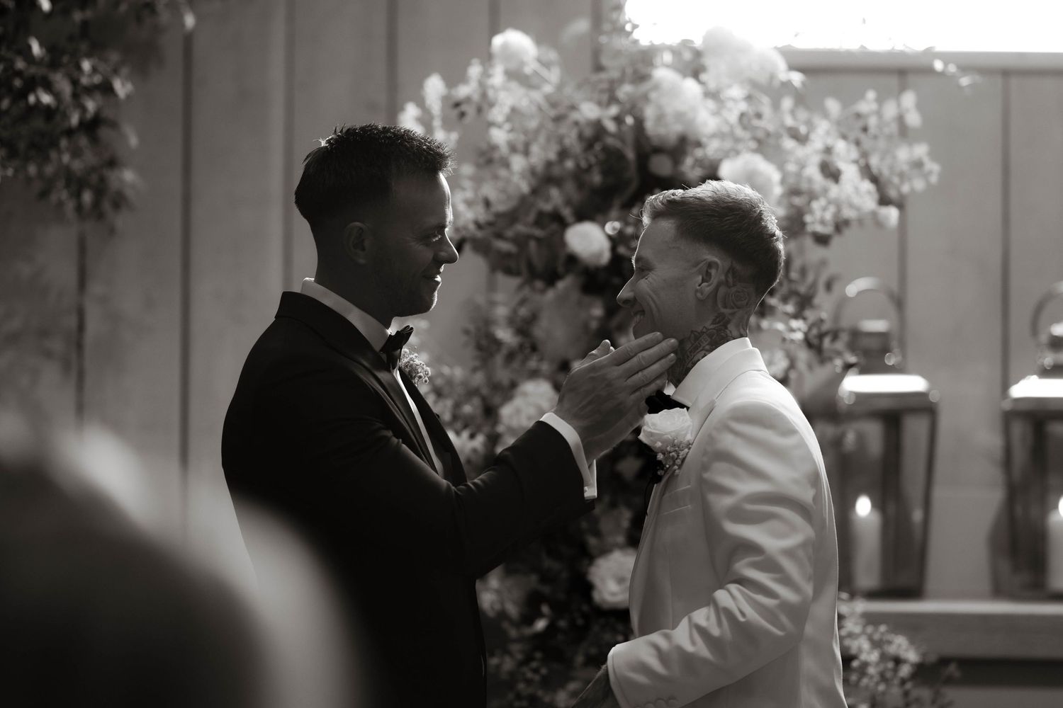 grrom and best man in ceremony room at Primrose Hill farm Wedding- Photo by Primrose Hill Farm Wedding Photographer, Olivia J Morgan Photogr