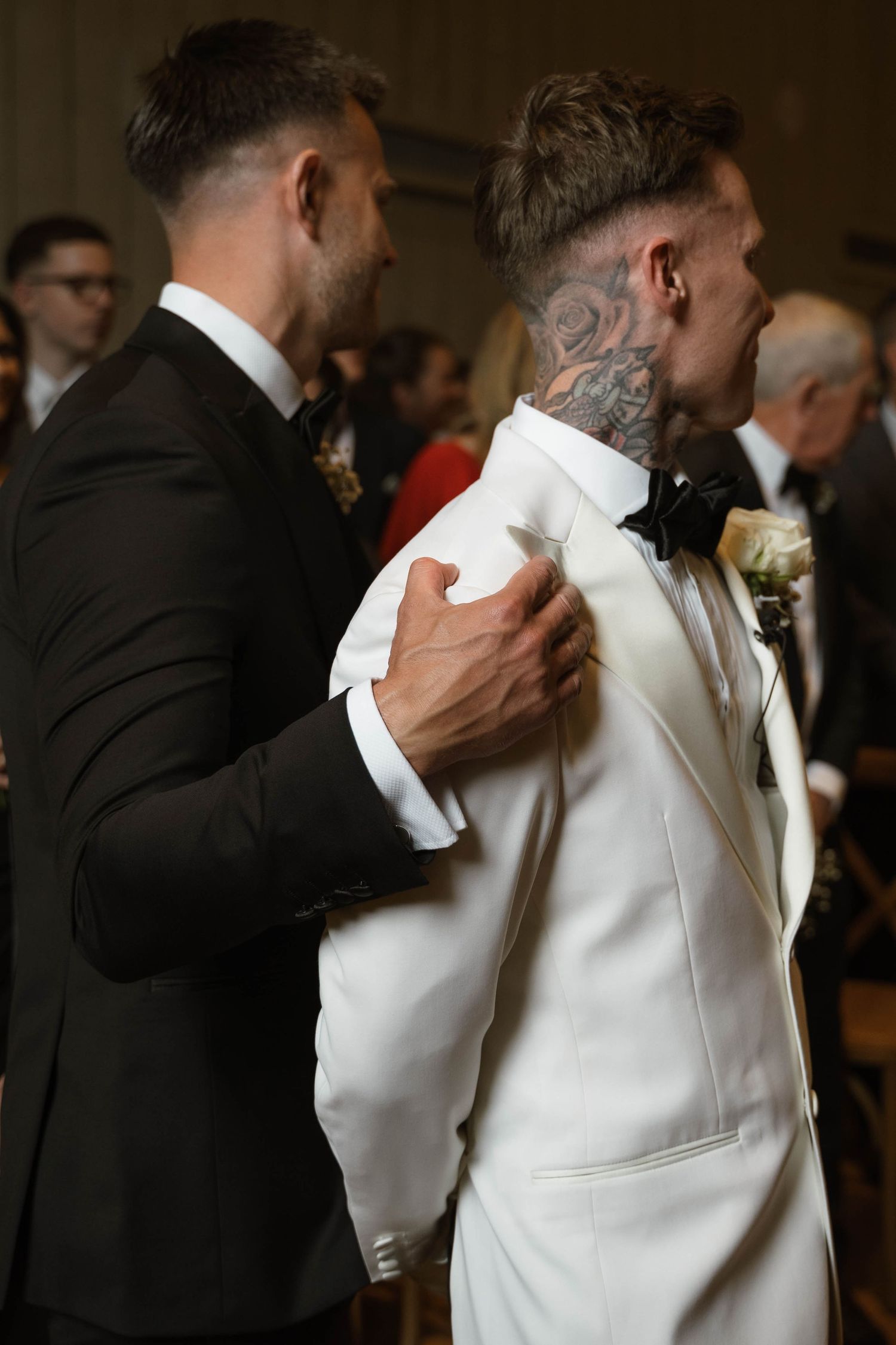 best man grips groom's shoulder at Primrose Hill farm Wedding- Photo by Primrose Hill Farm Wedding Photographer, Olivia J Morgan Photography