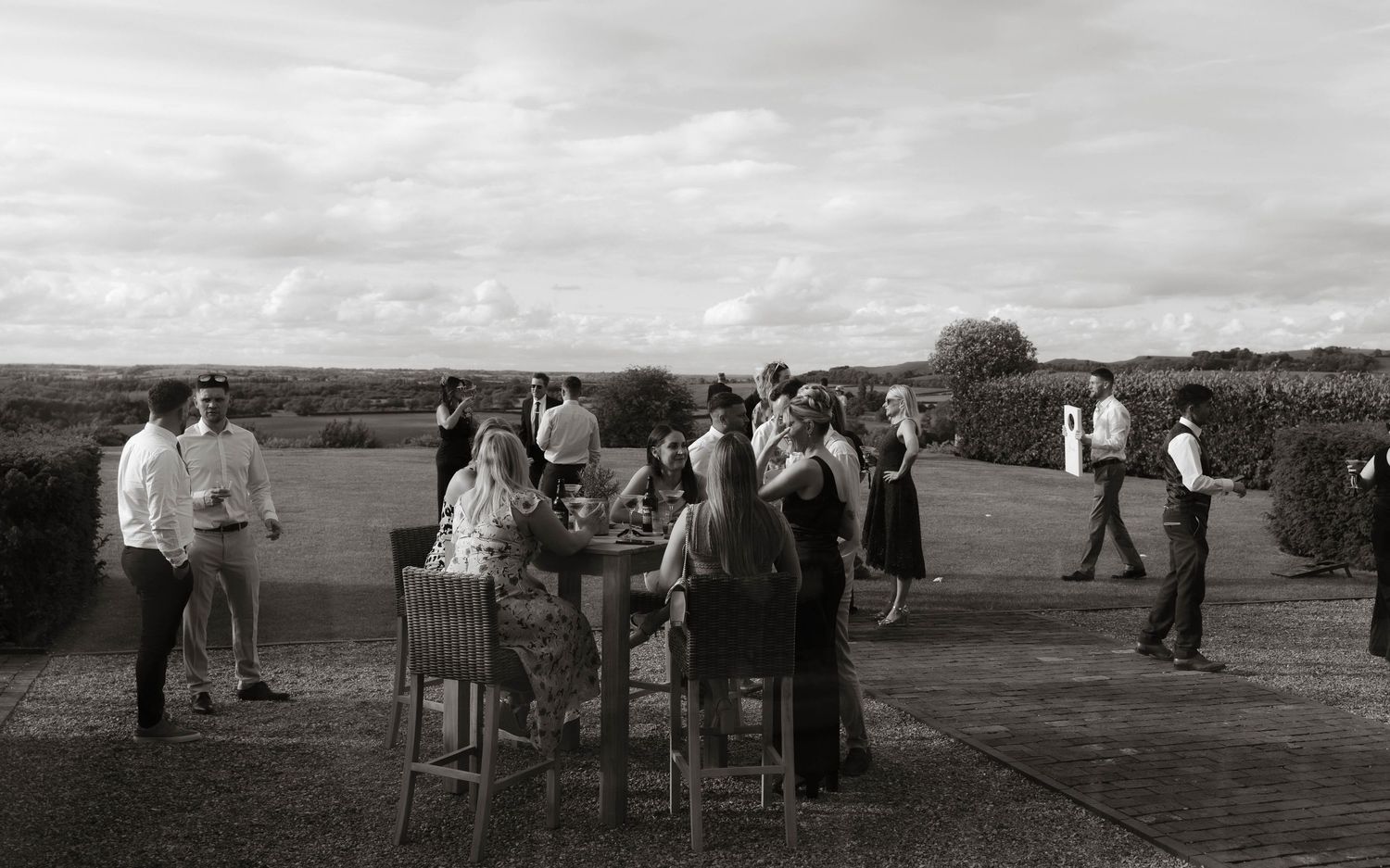 guests chat outside at Primrose Hill farm Wedding- Photo by Primrose Hill Farm Wedding Photographer, Olivia J Morgan Photography
