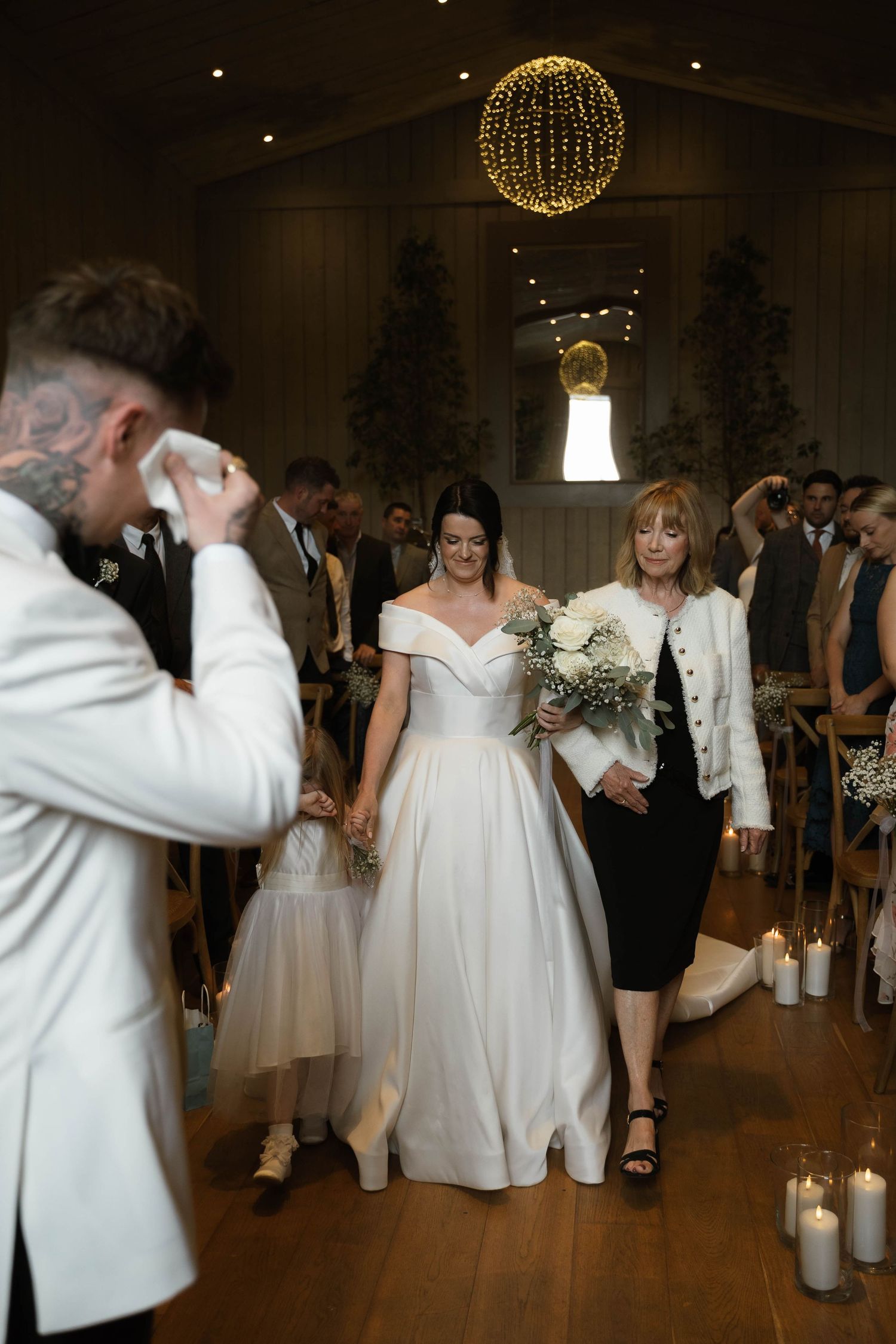 bride walks down aisle in ceremony room at Primrose Hill farm Wedding- Photo by Primrose Hill Farm Wedding Photographer, Olivia J Morgan Pho