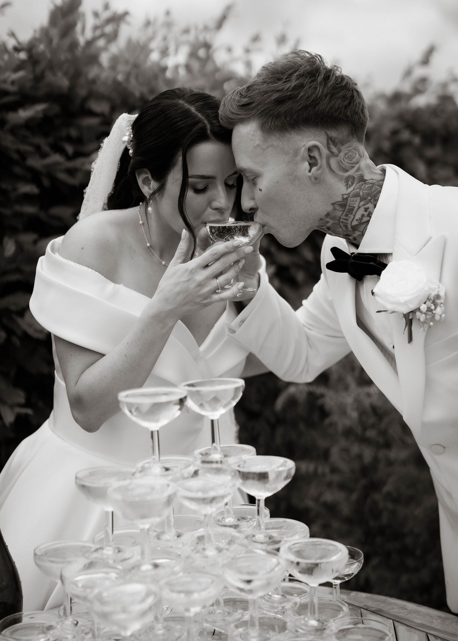 bride and groom sip champagne from tower at Primrose Hill farm Wedding- Photo by Primrose Hill Farm Wedding Photographer, Olivia J Morgan Ph