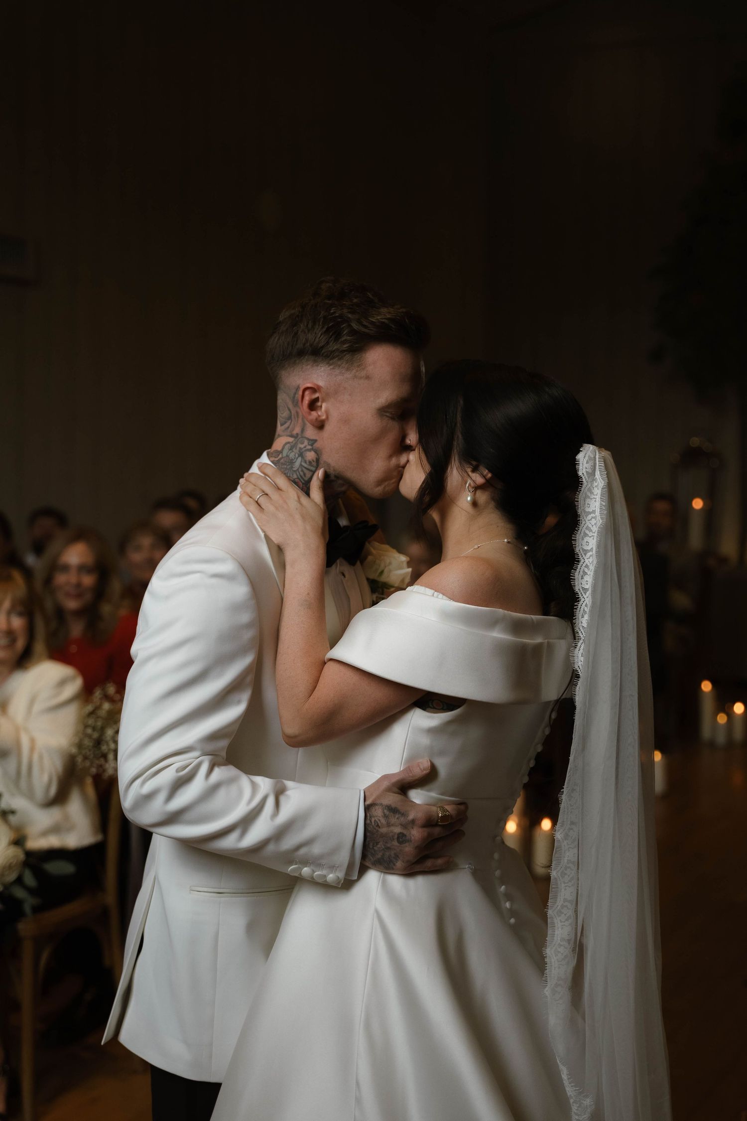 brie and groom first kiss at Primrose Hill farm Wedding- Photo by Primrose Hill Farm Wedding Photographer, Olivia J Morgan Photography