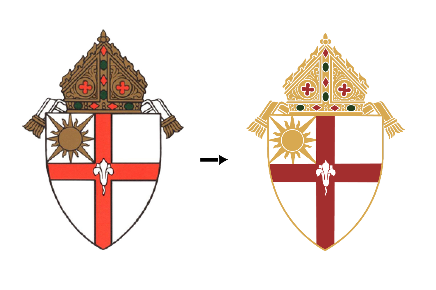 Episcopal church diocese shield logo design showing before and after versions.