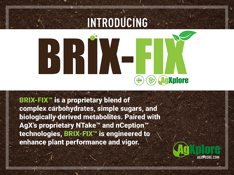 Marketing banner for Brix-Fix agricultural product showing brown and green text on dark background.