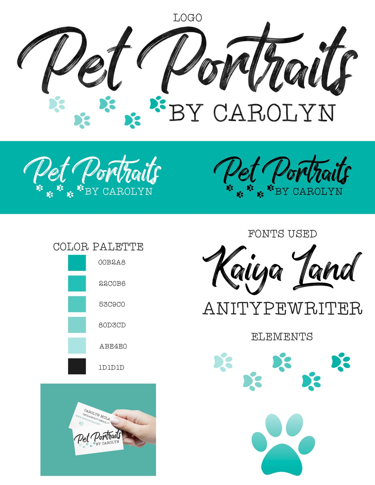 Pet photography logo design in black and teal with paw print accents.