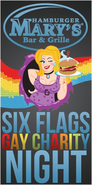 Colorful promotional poster for Hamburger Mary's Six Flags Gay Charity Night featuring a rainbow design and burger illustration.
