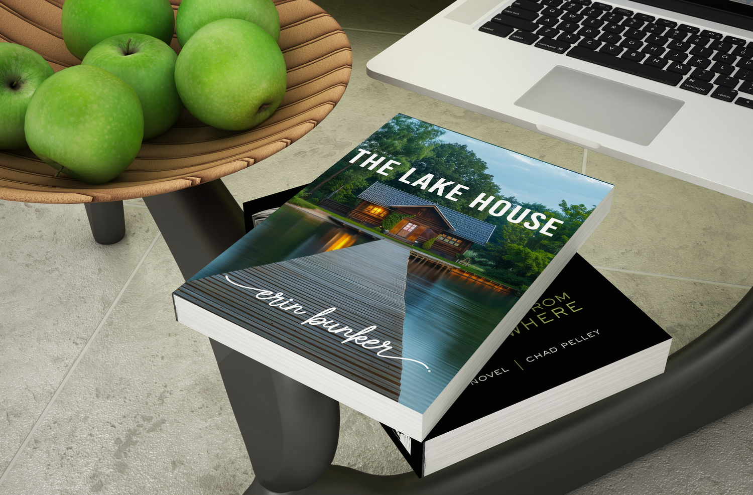 Books and electronics arranged with green apples on wooden surface displaying modern lifestyle setup.