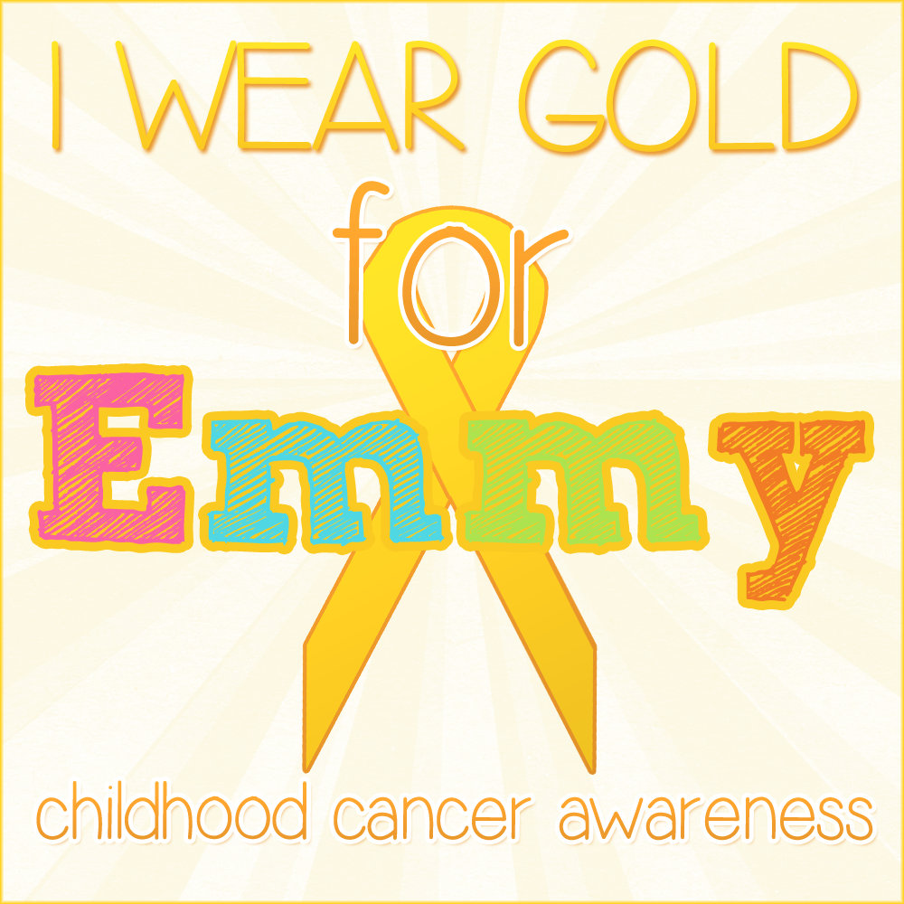 Gold ribbon childhood cancer awareness graphic with colorful text saying I Wear Gold for Emmy.